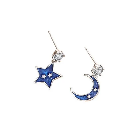 RYJU 925 Sterling Silver Asymmetrical Enamel Blue Star Moon Star Stud Earrings  for Fashion Women Wedding Party Fine Jewelry