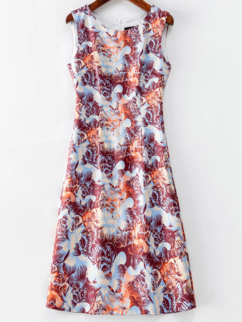 Abstract Flower Print Women A-Line Dress Elegant Sleeveless Dresses