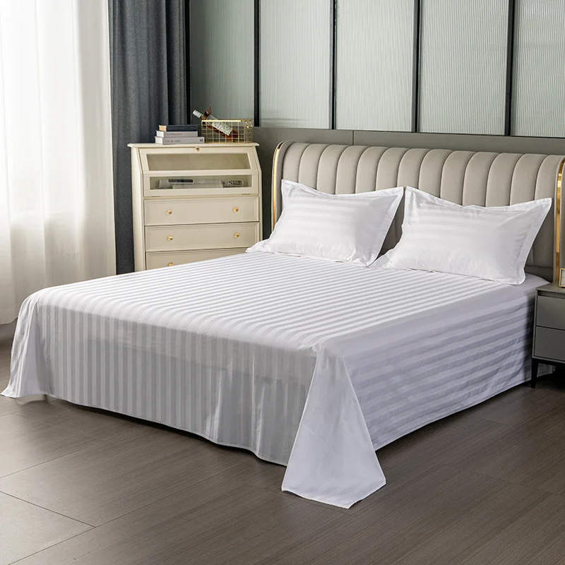 1pc Luxurious White 100%COTTON Striped Flat Sheet -  Elegant Striped Pattern Bedding  for a Cozy & Inviting Bedroom