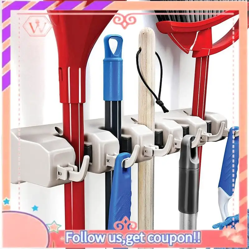 Upgraded Mop And Broom Rack - Garage Storage System With 5 Slots, 6 Hooks - Gardening Tools For Homes, Kitchens, Garages, Laundr