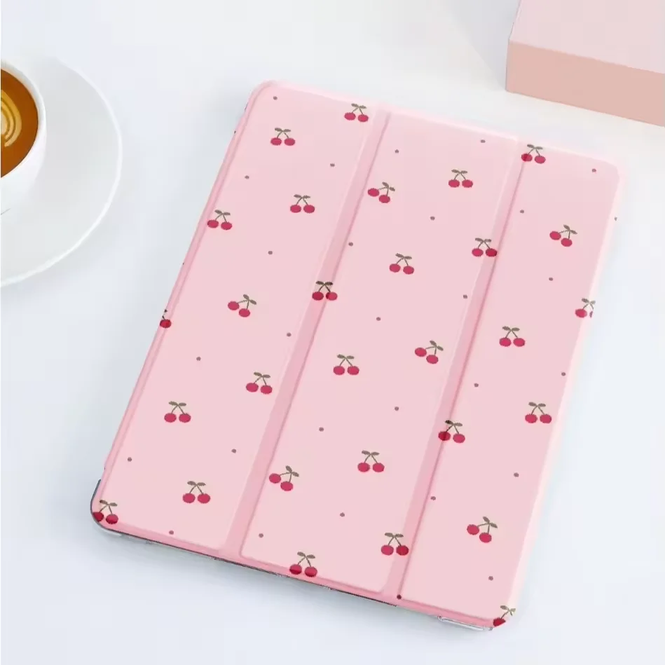 Cute Pink Cherry For iPad Case iPad Air 4 5 6 Pro 11 12.9in 13 M4 10.9 10.2 Mini 7 6 10th Three Folded Edge Case with Pen Holder
