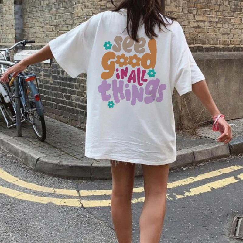 

Kuakuayu HJN Summer See Good Things Back Letter Print Vacation T Shirt Retro Aesthetic Graphic Tees Fashion Beach T-shirts Tops