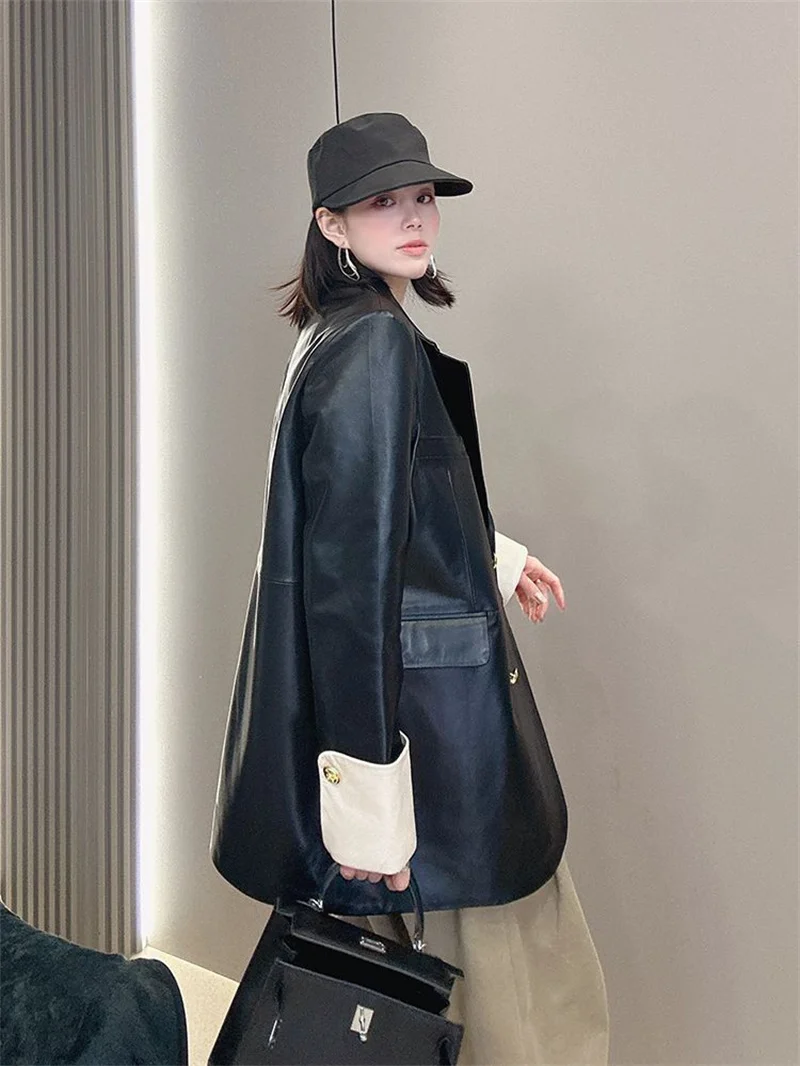 Retro preto jaqueta de couro do plutônio das mulheres outono versão coreana solto casual pequena fragrância estilo cor bloqueada terno para outerwear