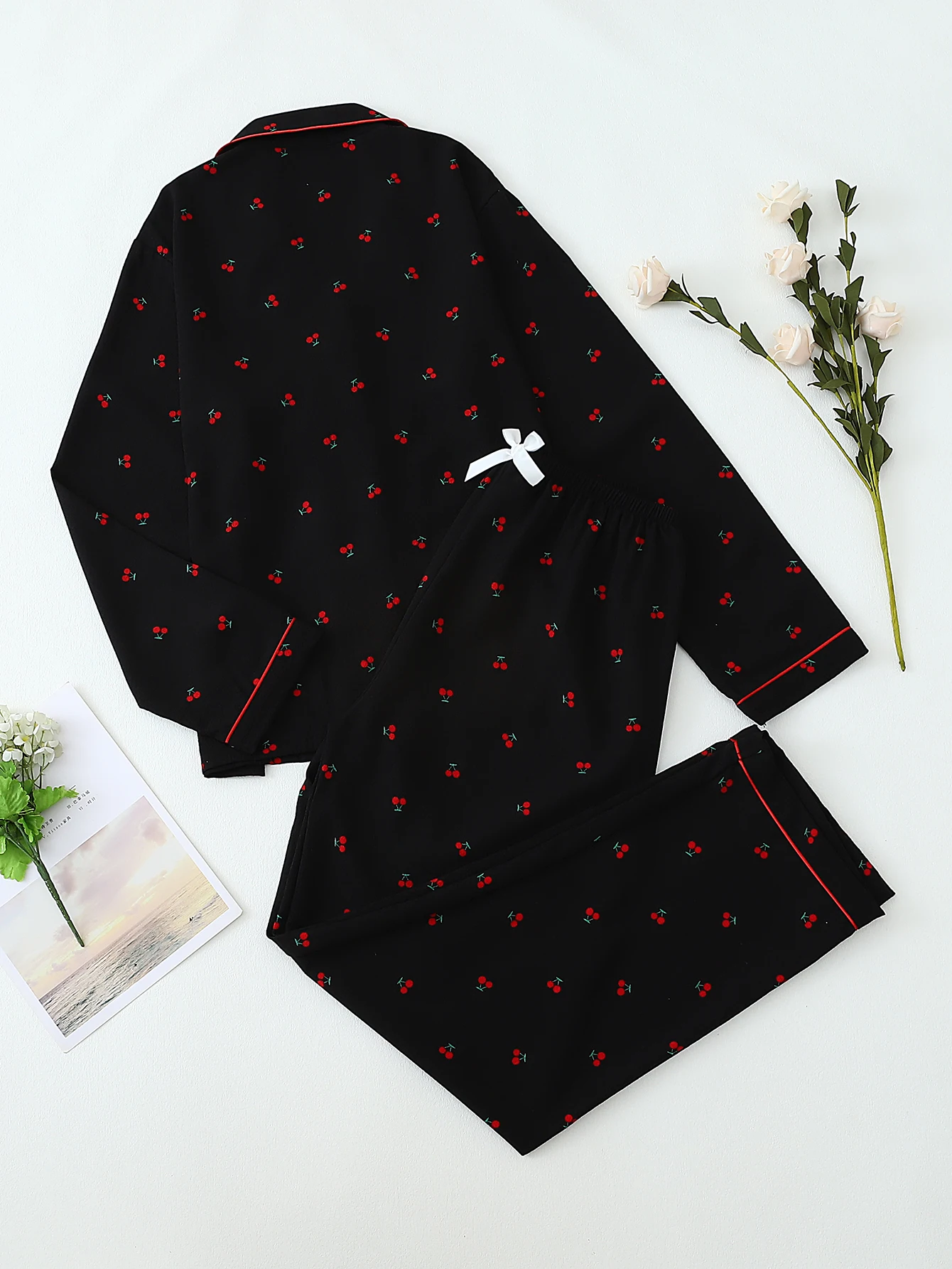 Two-Piece Comfortable Cherry Print Lapel Button-Up Top and Bow-Knot Long Pants Women's Pajama Loungewear Set Suitable for Home Use