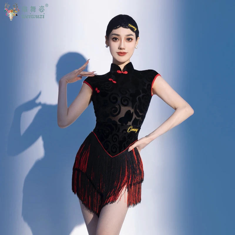 ملابس تدريب الرقص اللاتيني الراقية مثير شيونغسام عارية الذراعين هامش تنورة قصيرة أداء فستان الكبار المنافسة الملابس