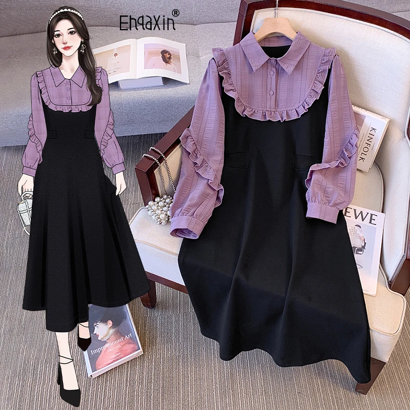 

EHQAXIN 2024 Autumn Winter New Women's Dress Fashion Korean Collar with Mushroom Edge Splicing Elegant Dress For Ladies M-3XL