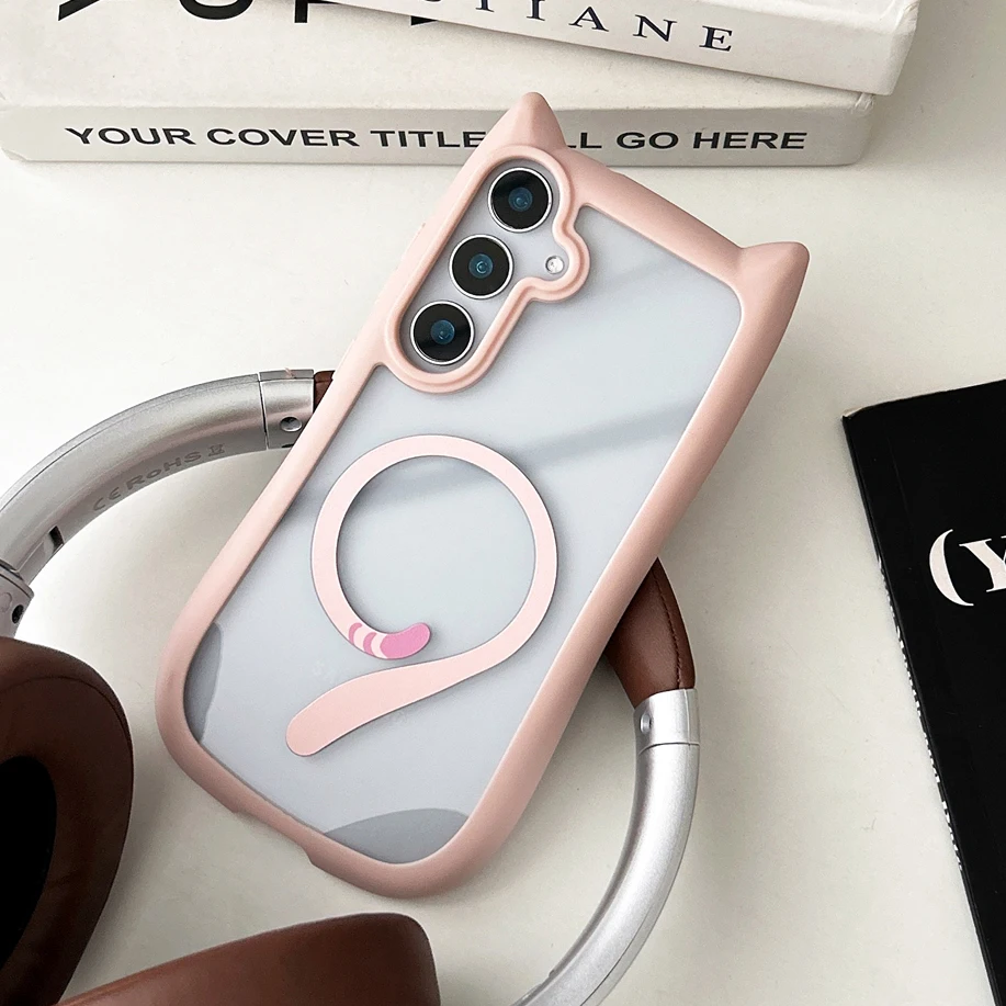 Cute Cat Ear Magsafe Case For Samsung Galaxy S25 Ultra S24 Ultra S23 S24 S25 Plus Transparent Wireless Magnetic Charging Cover
