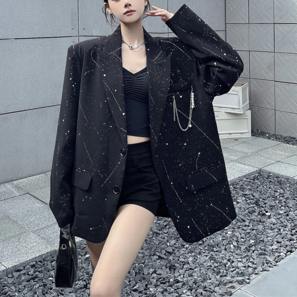 سترة نسائية من TWOTWINSTYLE باللون الأسود مع طية صدر السترة وأكمام طويلة فضفاضة ومزاجية راقية سترات نسائية موضة خريف جديدة