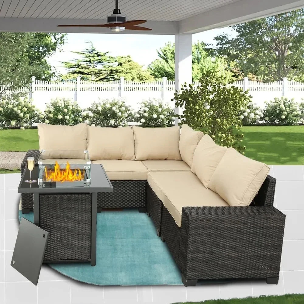 Balcony Furniture PE Rattan Wicker Outdoor Sectional with Washable Cushion and Fire Pit Table for Garden, Poolside, Balcony