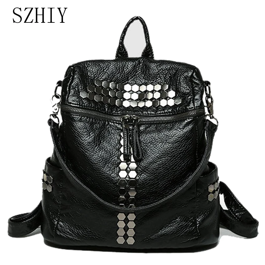 

Soft Backpack Women Travel Bag with Rivets Large Capacity Classic Single Shoulder Backpack Washed Leather PU Multi-purpose Bag