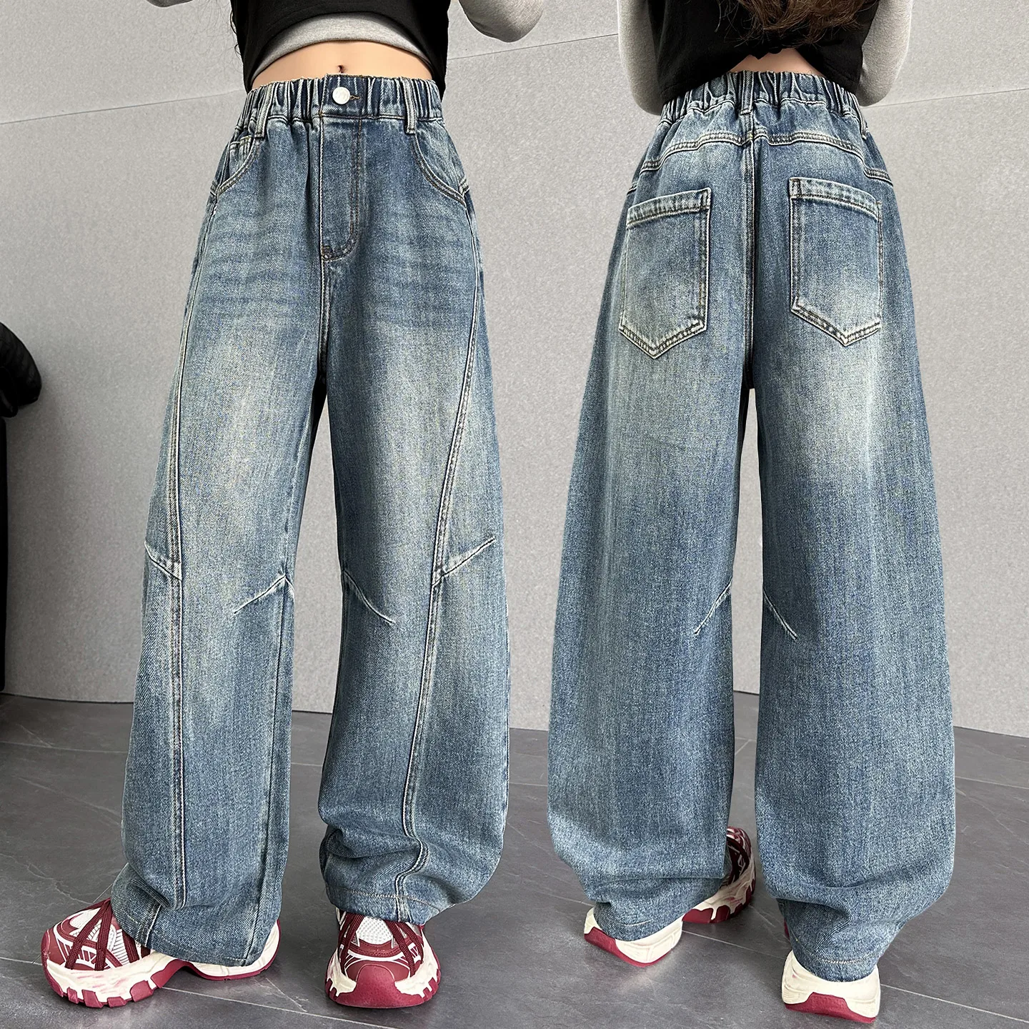 

American Child Street Fashion Carpenter Jeans for Tween Girl Retro Punk Hip-Hop Loose Wide Leg Denim Pants Kids Casual Trousers
