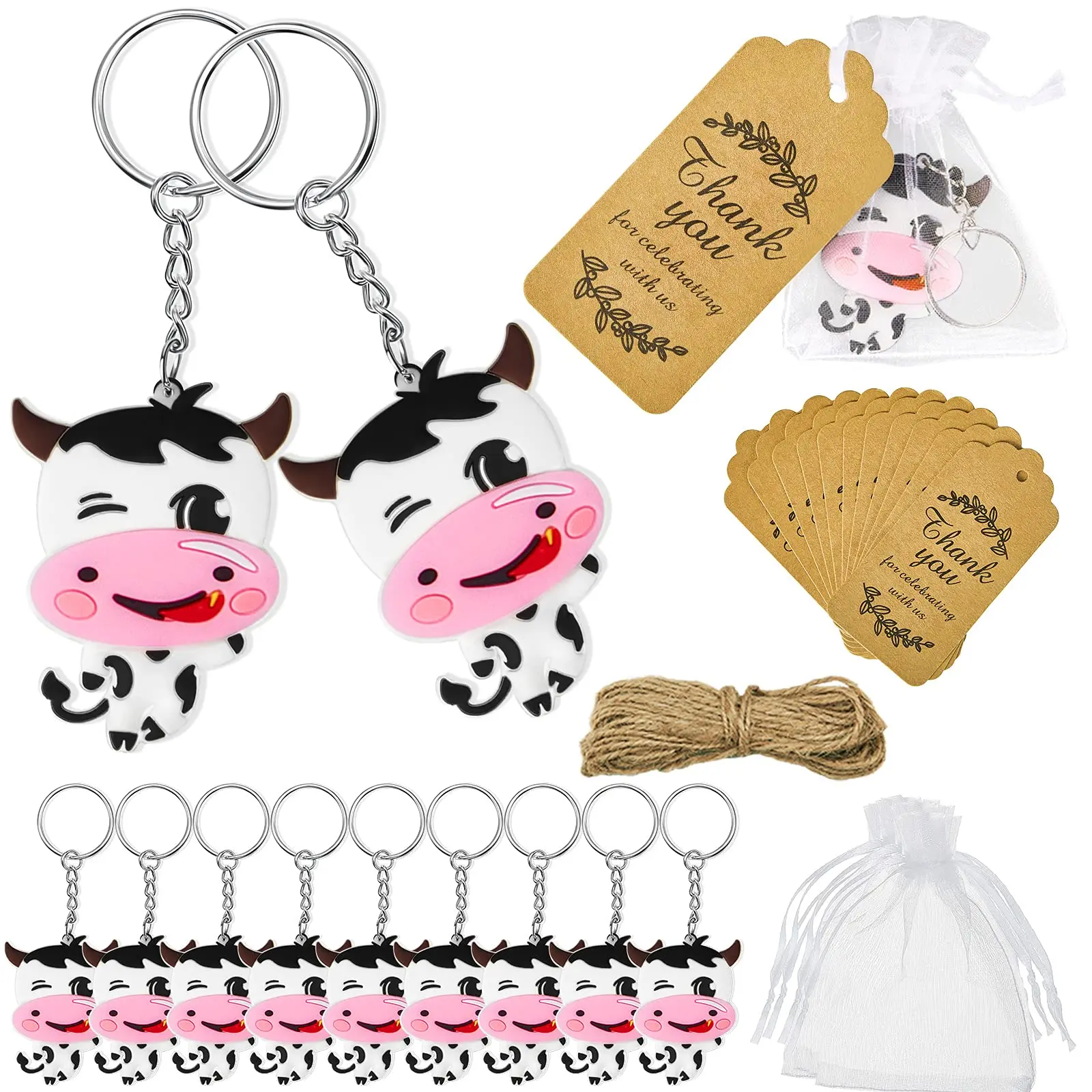 30 Pack Dairy Cow Party Return Favors with 10 Cow Keychain, 10 Thank You Tags and 10 Gift Bags for Cattle Farm Animal Party