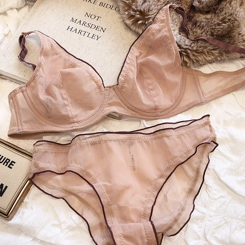 

Elegant French Design Minimizer Bra Fashion Triangle Cups Structural Support Mesh Lingerie Set 32-40 MOYISU Sexy Panty Tushy Set