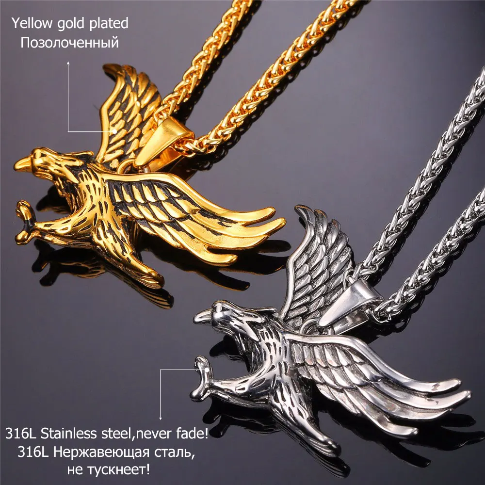 U7 Eagle Necklace Gold Color Stainless Steel Hawk Animal Charm Pendant Link Chain Statement HIip Hop Daily Jewelry