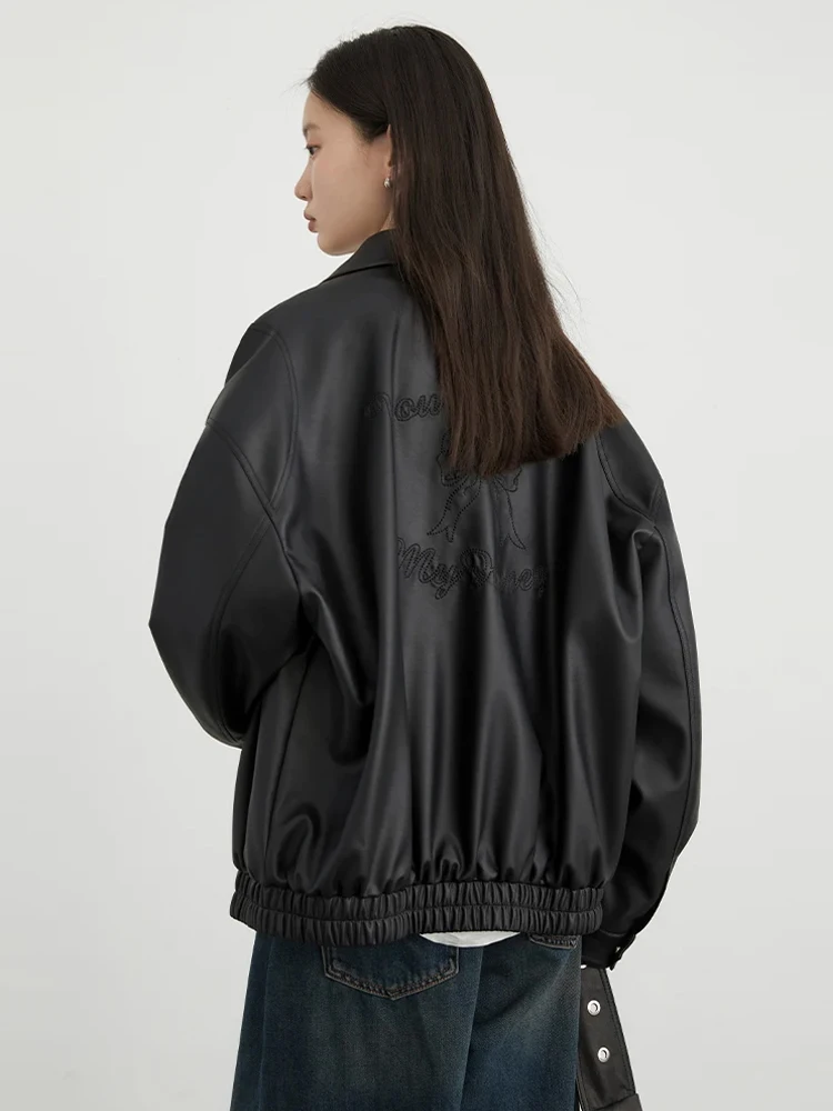 CHIC VEN Women Jacket Black Loose BF Style Embroidered PU Leather Female Overcoat Oversized Coat For Girl Spring Autumn 2024