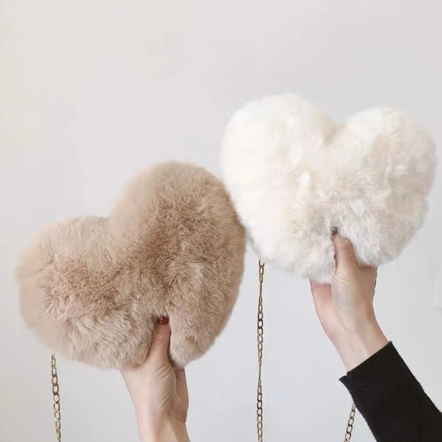 Fashion Fluffy Women's Heart Shaped Handbags Cute Kawaii Faux Fur Crossbody Bags Wallet Purse Plush Chains Shoulder Bag Handbags view 6