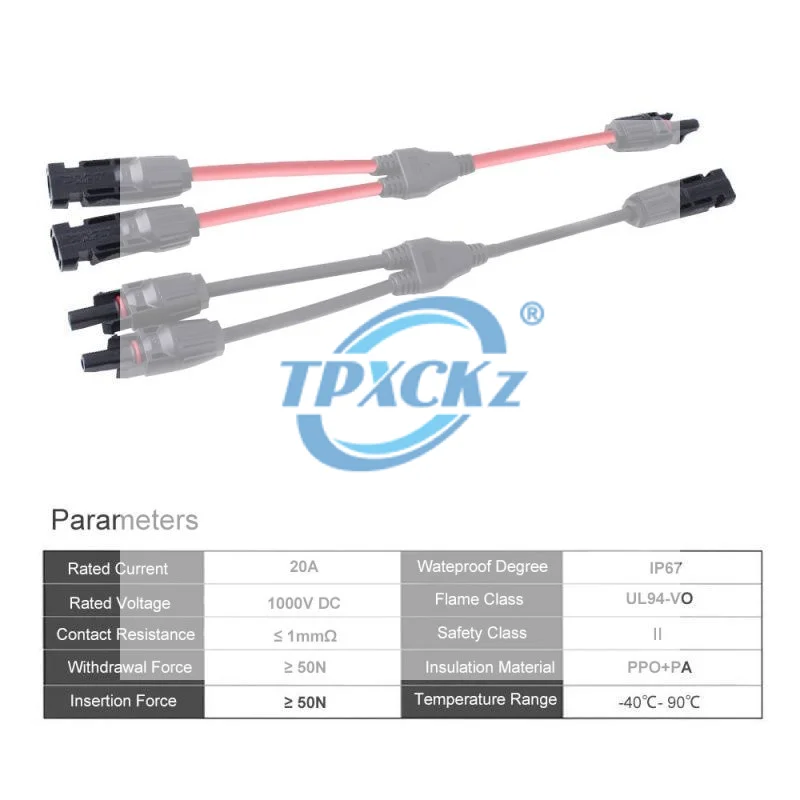 Power Solar Connectors 20A Y-Branch Cable, Solar Cable Parallel Adaptor In Pair For Solar Panel 1*M/FF+1*F/MM Black Red Power