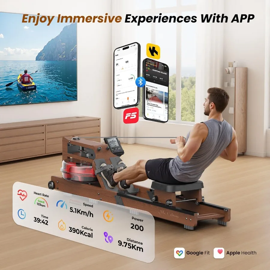 آلة تجديف مائية قابلة للطي للتدريب على اللياقة البدنية المنزلية مع شاشة مدمجة بسعة وزن 400 رطل ومقعد مريح وأزرق