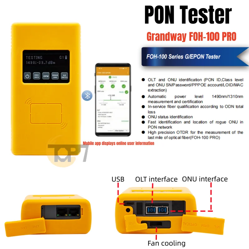 

Grandway FOH-100PRO GPON EPON Tester Read Online User's ONU SN MAC LOID,Check ONT On/ Offline OLT and ONU identification OTDR