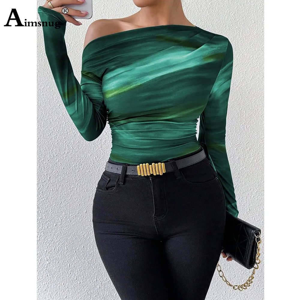 Damska elegancka, obcisła koszulka z nadrukiem 3D Damska koszulka z ukośnym dekoltem 2024 Wiosna Nowe podstawowe koszulki Damskie swetry z długim rękawem