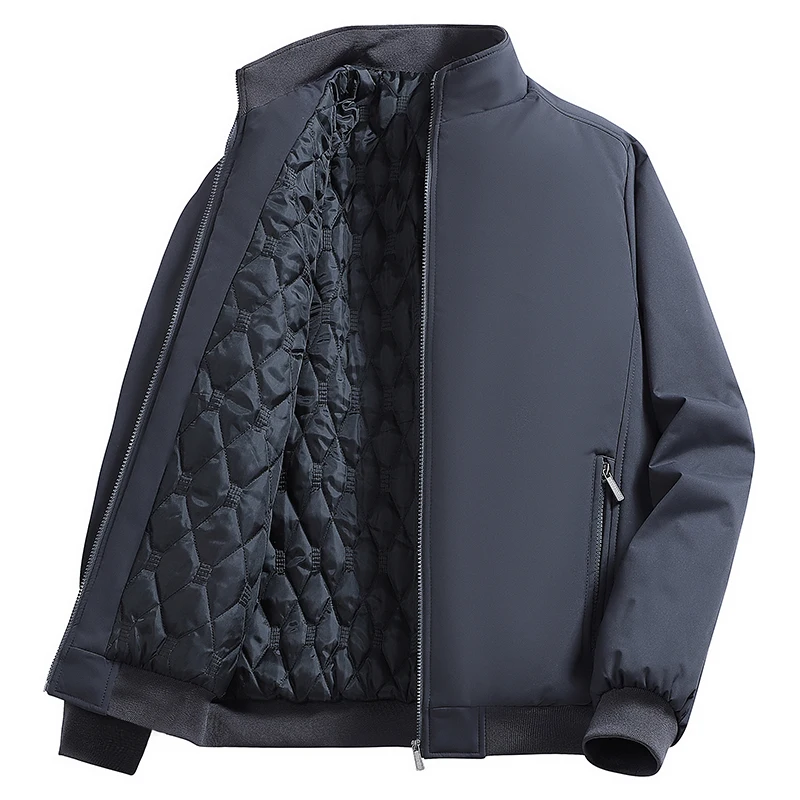 

Men Winter Business Jacket Stand Collar Casual Fleece Lined Windproof Cotton Padded Overcoat Thickened Loose Solid Warm Jacket