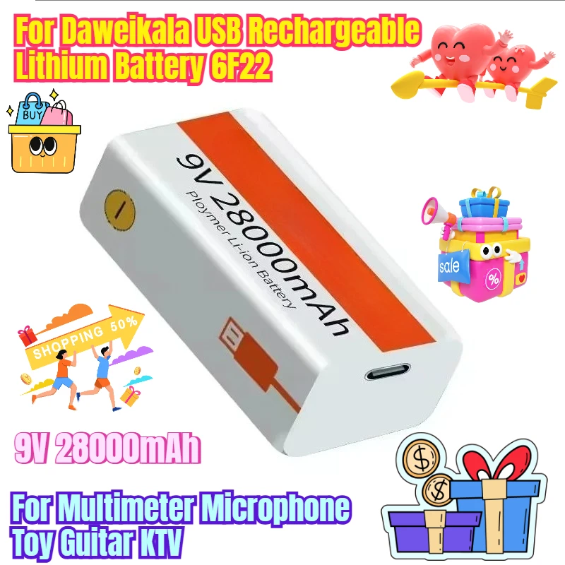 

9V 28000mAh for Daweikala USB Rechargeable Lithium Battery 6F22 for Multimeter Microphone Toy Guitar KTV