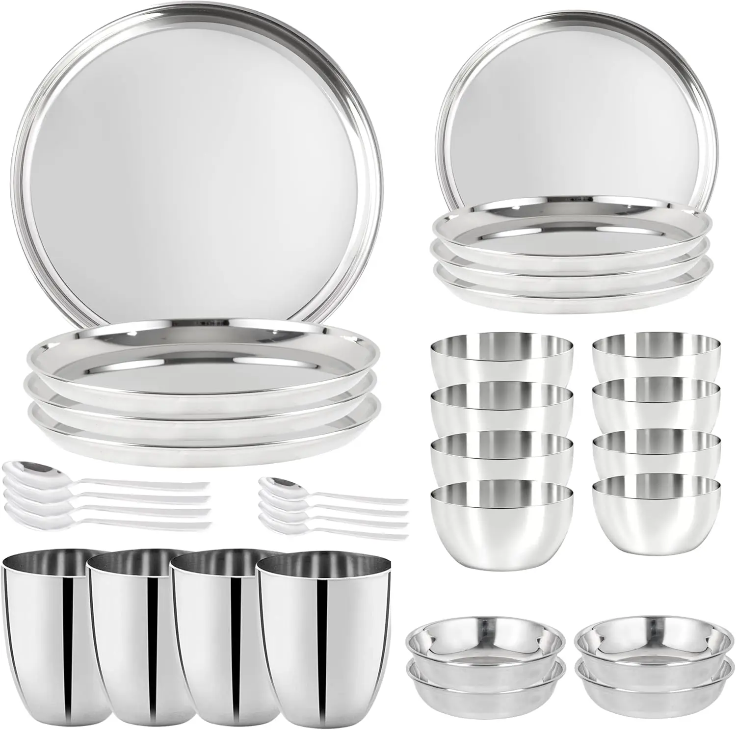 

Stainless Steel Dinnerware Set of 32 Pcs (Dinner Plates, Cups, Dishes, Bowls) Metal Dinnerware Sets