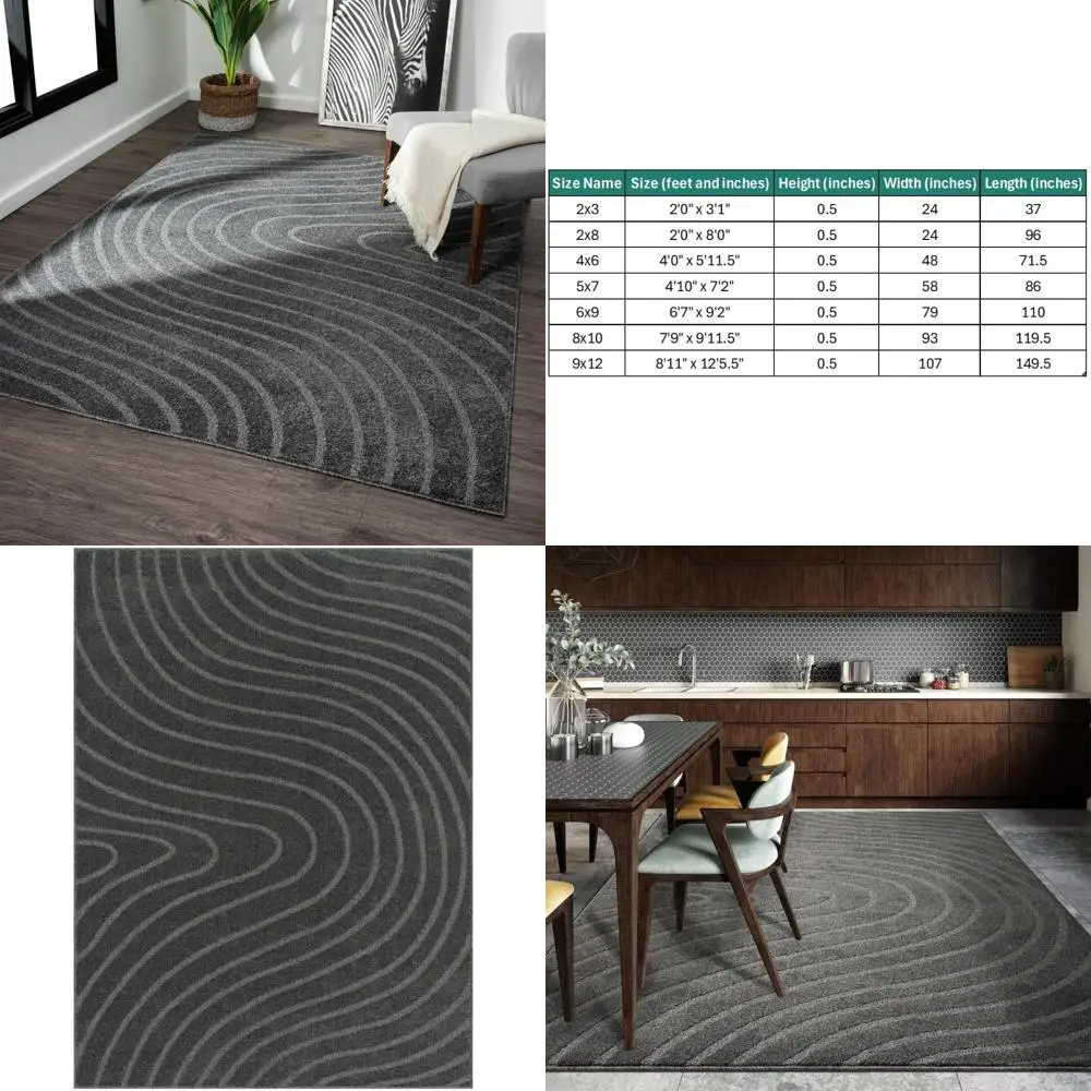 

Коврик Anthracite с современным геометрическим волнистым дизайном, 4x6, идеально подходит для современных помещений