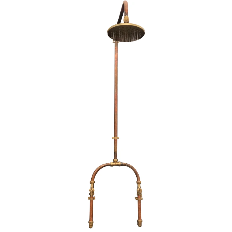 

Handmade Wall-mounted Copper Shower Faucet with Brass Valve and Rainhead Retro Outdoor Bathroom Exposed Tube Design