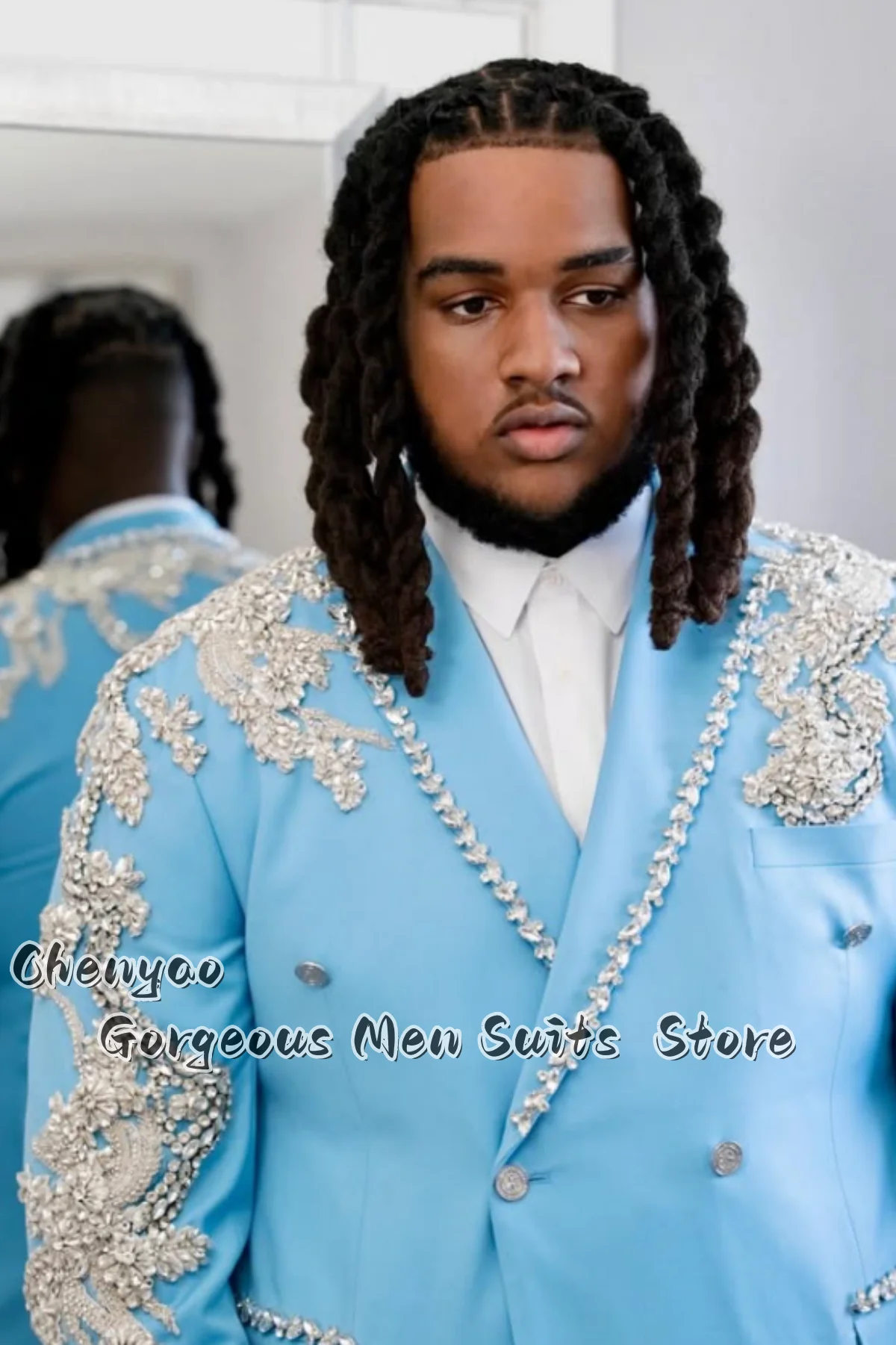 Luxury Men Suit 2 Pieces Double Breasted Rhinestone Beaded Floral Embroidery Slim Fit Prom Groom Tuxedo Formal Party Ropa Hombre