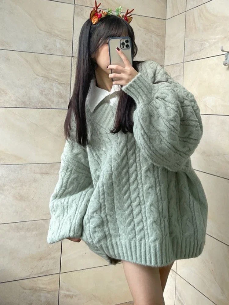 

Sweater Pullovers Women Trendy Cozy Korean Style Autumn Sweet Long Sleeve Knitwear Loose-fitting Streetwear V-neck Retro Tender