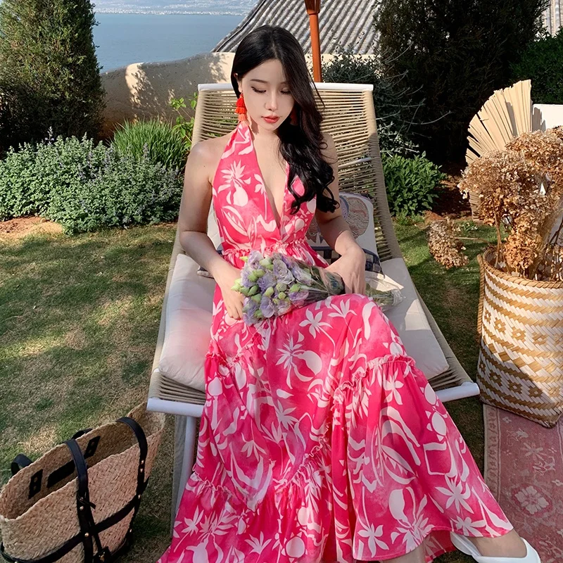 

Ретро-платье в гонконгском стиле с принтом «Бали-Бич», с глубоким V-образным вырезом, повседневное летнее, длинное, А-силуэта, для отпуска и путешествий