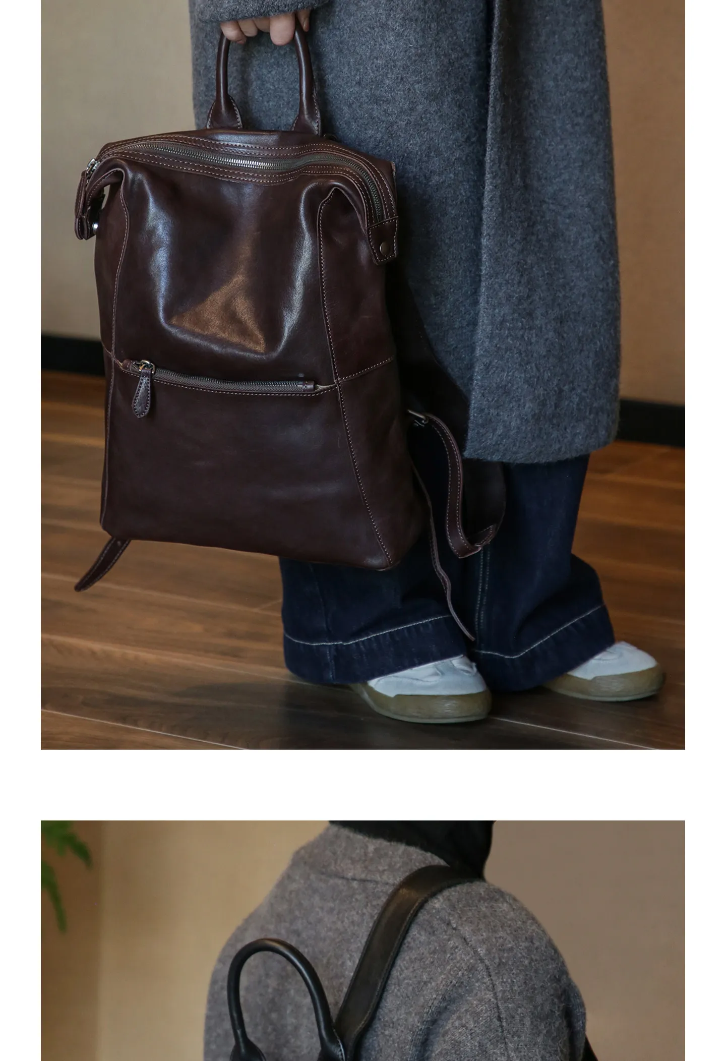 PNDME einfacher Vintage-Rucksack aus hochwertigem echtem Leder für Damen, lässiger, luxuriöser Schulrucksack aus pflanzlich gegerbtem Rindsleder für den täglichen Gebrauch. – Detail 11
