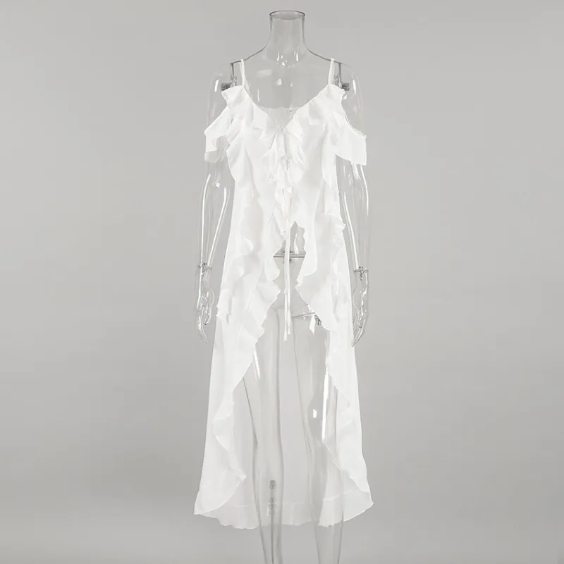 ผู้หญิงฤดูร้อนชีฟองลูกไม้ SHEER สีขาว Ruffles Slit V คอสายรัดปิดไหล่ Elegant ภาษาฝรั่งเศสคําหวานยาว Maxi ชุดชายหาดสบายๆ