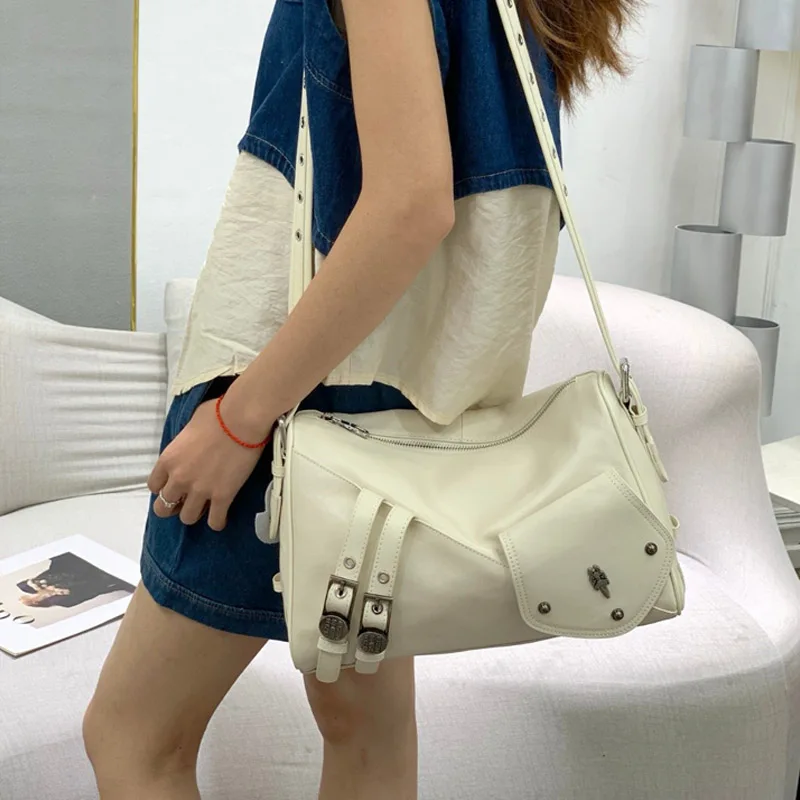 Fashion Genuine Leather Biker Bags Lady Large Capacity Crossbody Bag with Metal Buckle Multifunctional Shoulder Bags for Women