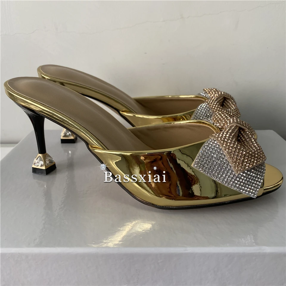 Quality Diamond Butterfly-Knot Sandals Women Luxury Patent Leather Slingbacks Rhinestone Decor Spike Heel Summer Mules