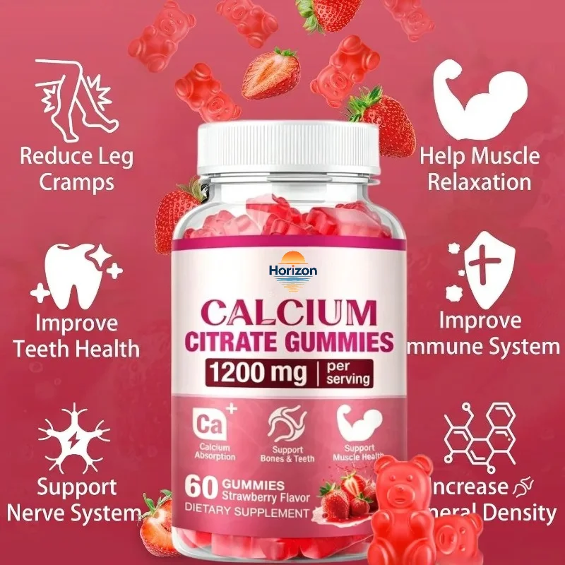 1200mg Calcium Citrate Gummies, Men's and Women's Chewable Calcium Supplements, Muscle Health Support 60 Gummies