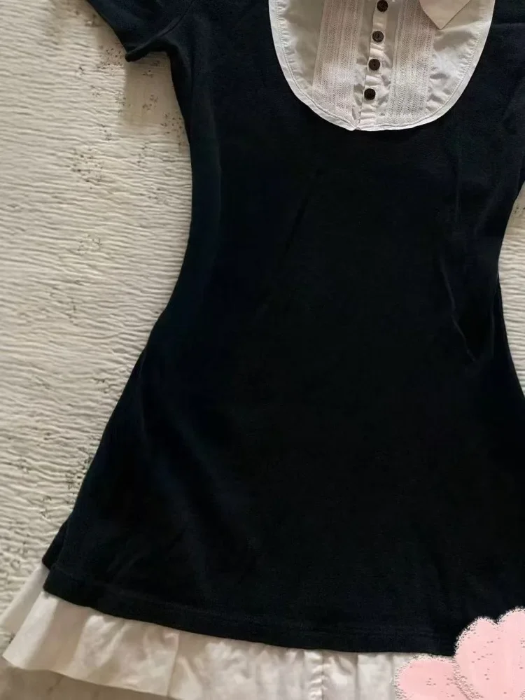 Vintage Casual Skinny Patchwork T Shirt Women High Street Y2k Slim Fit Lapel Retro Chic Fake Two Pieces New Tees Summer 2025