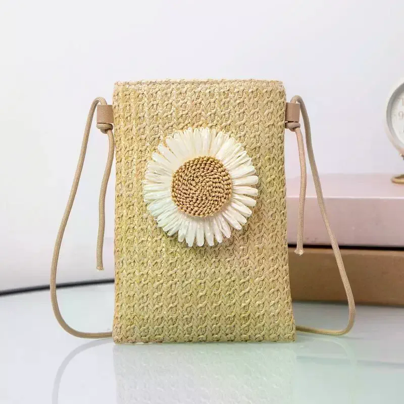 Sunflower Straw Woven Crossbody Bag Mini Bohemian Phone Bag Summer Beach Shoulder Bag For Women Casual Vacation Handbag Purse