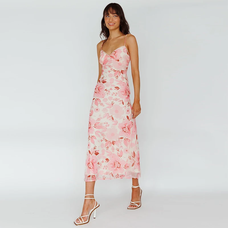 InsLucky Floral Pink Print Cami Strap Midi Dress Women Sweetheart Neck Backless abiti alla caviglia Sexy Sweet Elegant Wear