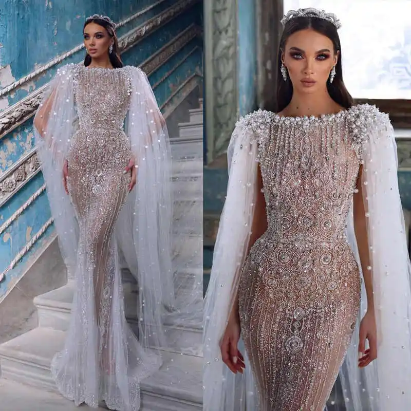 

Роскошное вечернее платье русалки с жемчугом и круглым вырезом, длинными рукавами, платья для выпускного вечера, иллюзия, кристаллы и бисер, длиной до пола, вечерние платья по индивидуальному заказу