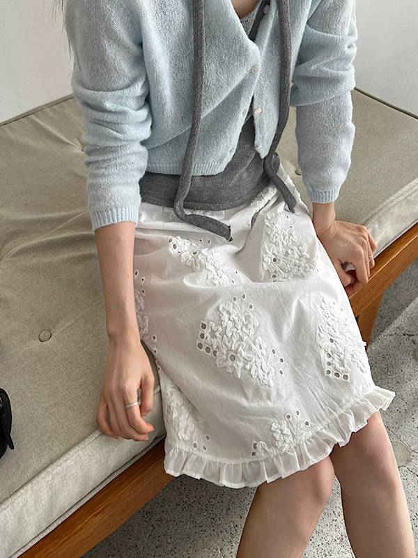 Fashionable Ribbon-Tie Embroidered Cotton Hollow out Straight Cut Midi Skirt for Young Women Spring Summer Season Elastic Waist