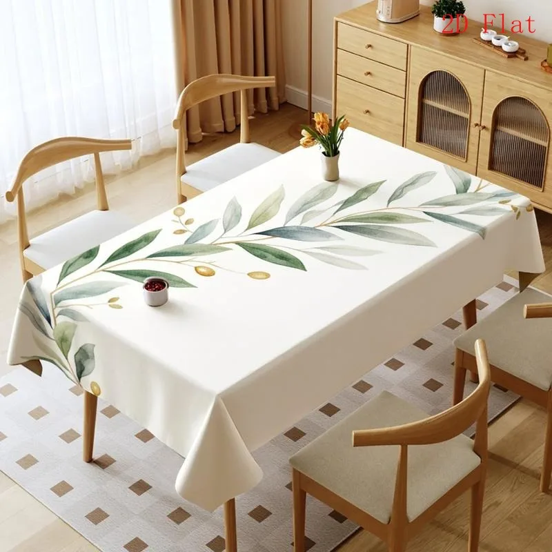 Flat tablecloth, with green leaf pattern and wave-edge design, available in various sizes.