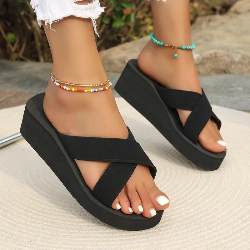 

Women Summer Open Toe Sandals Ladies Bohemian Wind Outside Wear Beach Thick Bottom Large Size Heel Sandals