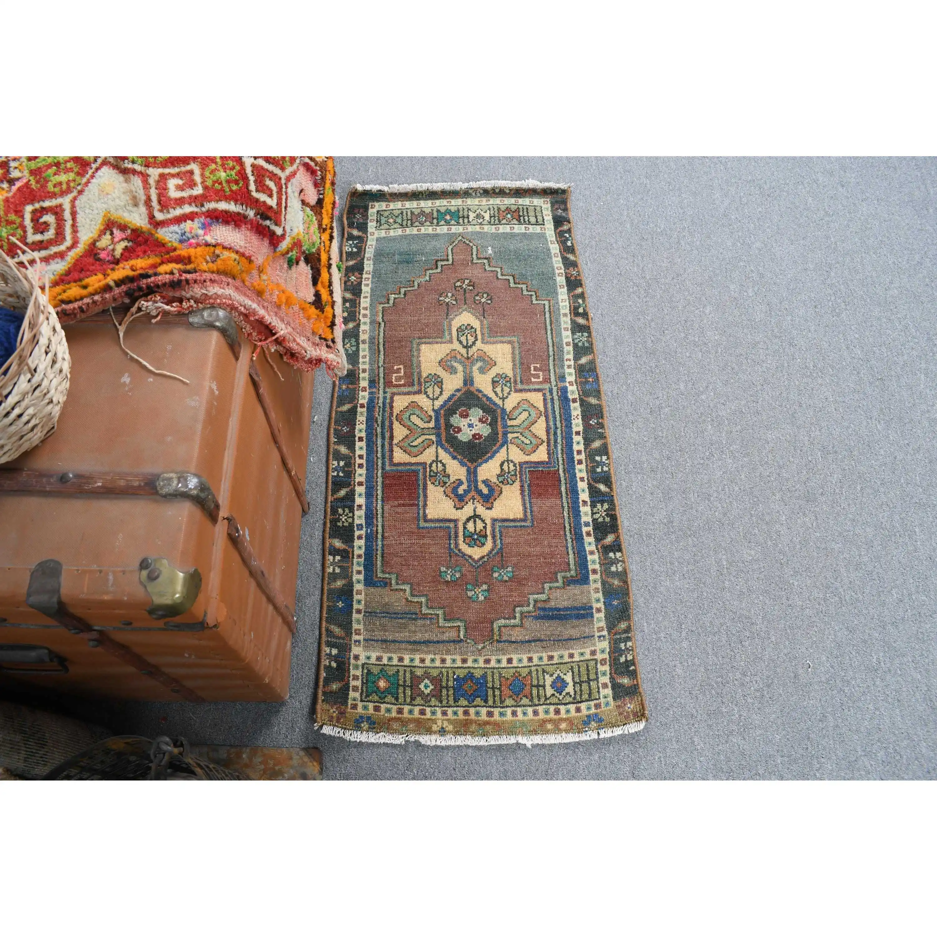 1.5x3.4 ft Turkish Wool Rug Vintage Blue Patchwork with Latex Backing