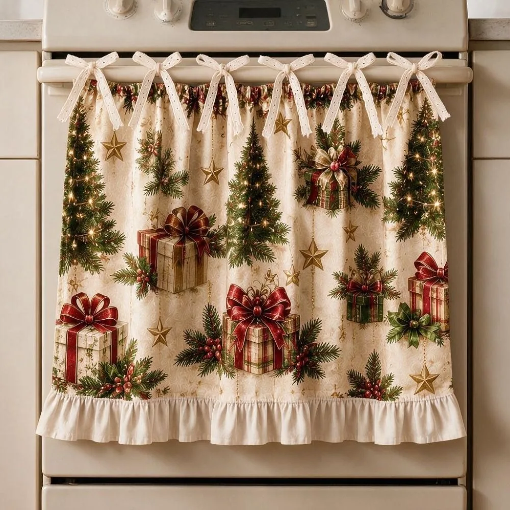 Xmas Tree Snowflake Printed Christmas Oven Short Curtain Ruffled Edge American Countryside Style Kitchen Stove Short Curtain
