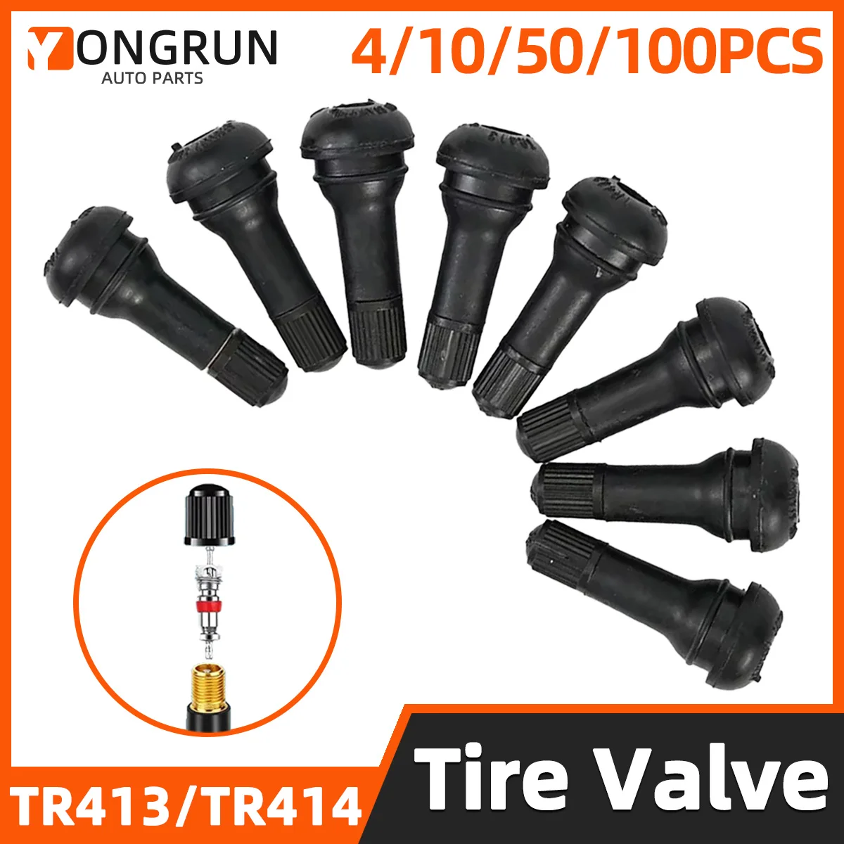 YONGRUN 4/10/50/100 Uds válvula de neumático sin cámara TR413/TR414 válvula de neumático de vacío automotriz válvula de presión de goma negra con tapa antipolvo
