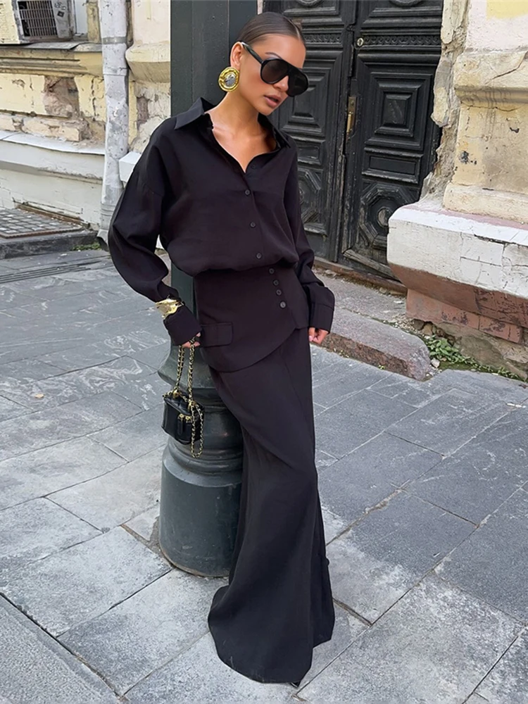 kliou Classic Trend Women 3 Piece Set Autumn New Street Solid Single Breasted Blouse+Matching Maxi Skirts+Mini Stacked Bottoms
