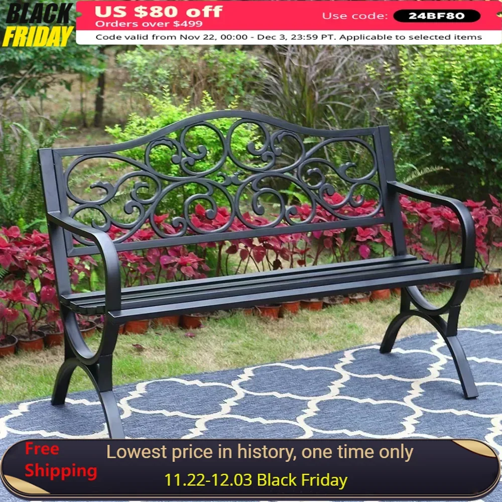 

Outdoor Garden Bench,Cast Iron Metal Frame Park Bench with Floral Pattern Backrest,Arch Legs for Porch Black Patio Benches