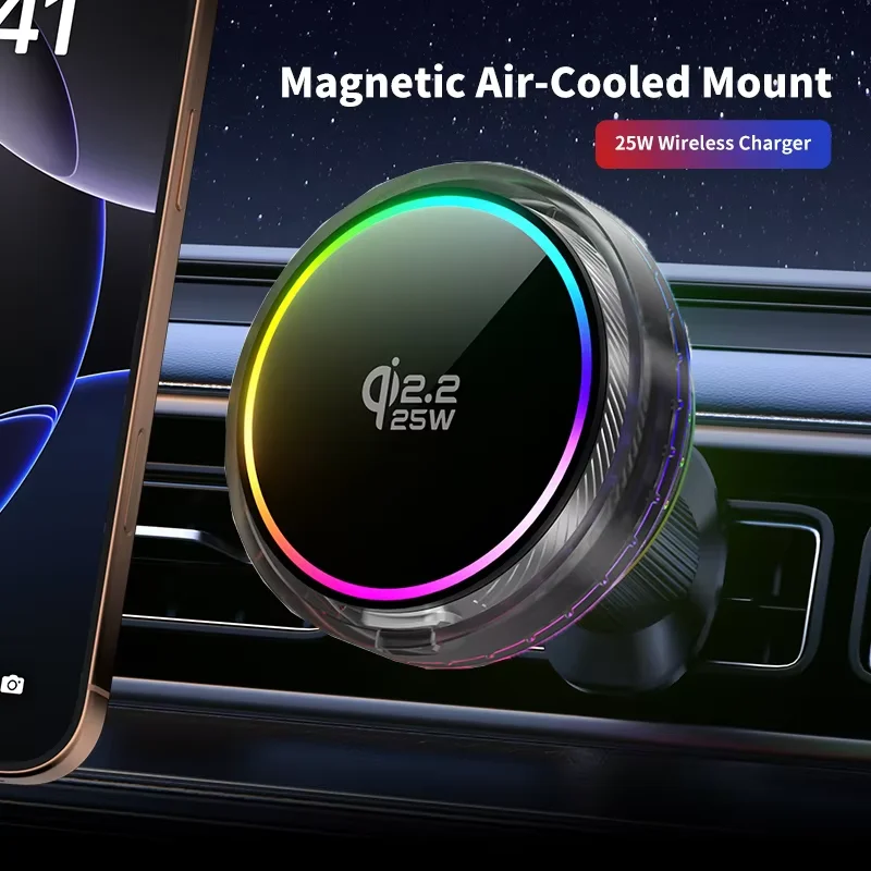 

Беспроводная магнитная зарядная станция Qi2.2 25W с быстрой зарядкой, воздушным охлаждением и RGB-подсветкой для iPhone 17 16 15 14 Pro Max и Samsung